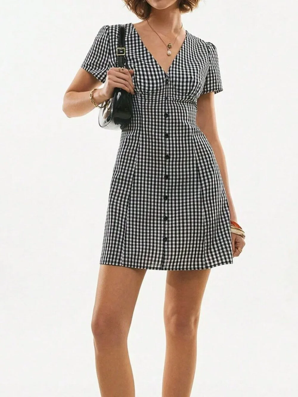 Black Casual Women's Plaid Button-Front V-Neck Mini Dress